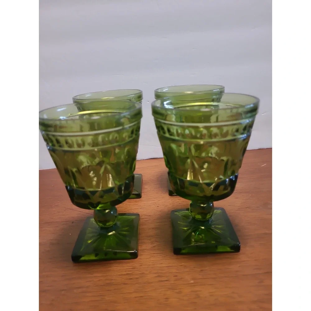 Vintage Indiana Green Colony Park Lane Glass Square Bottom Goblet Set Of 4